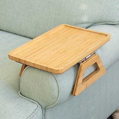 Shamrock Home Bamboo Couch Arm Table - Clip-On Snack & Drink Tray for Small Spaces (13.75 x 9.5 inch, Beige)