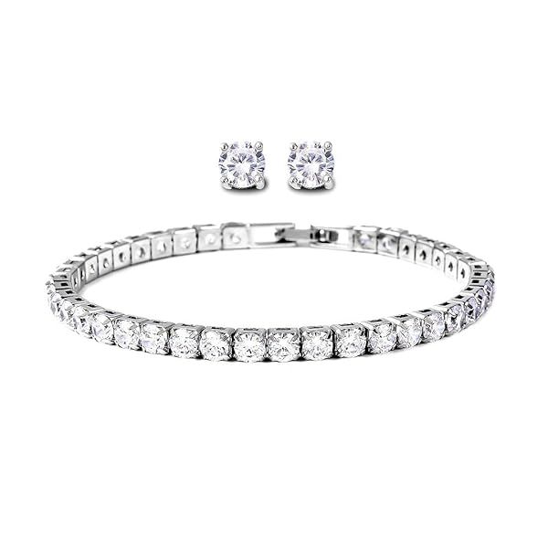 Shop LC Tennis Bracelet & Stud Earrings Set - Silvertone Cubic Zirconia Jewelry for Women - Perfect Christmas Gifts!