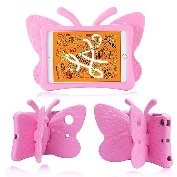 Simicoo iPad Mini 6/7 Cute Butterfly Case for Kids - Shockproof, Lightweight, with Stand & Pencil Holder (Pink)