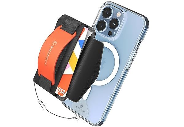 Sinjimoru 3-in-1 MagSafe Wallet: 2600g Magnetic Phone Grip & Anti-Drop Tag Holder for iPhone 16/15/14/13/12 - Clementine