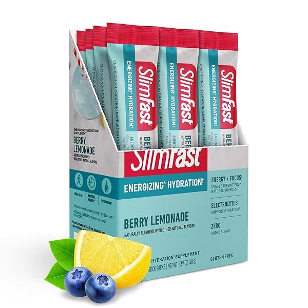 Boost Your Fasting with SlimFast Hydration Packets: Energizing Electrolytes & Caffeine in Berry Lemonade - 12 Count