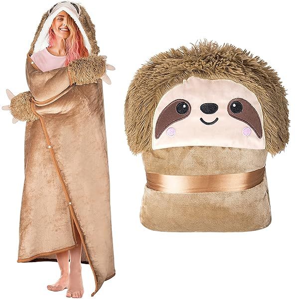 Cozy Sloth Wearable Hooded Blanket for Adults - Soft Plush Fleece & Sherpa Gift for Women, Kids & Teens