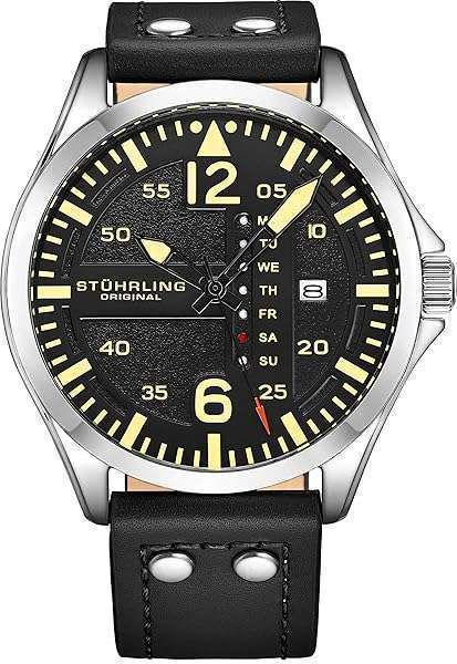 Stuhrling Original Mens Leather Watch -Aviation Watch, Quick-Set Day-Date Leather Band with Steel Rivets,