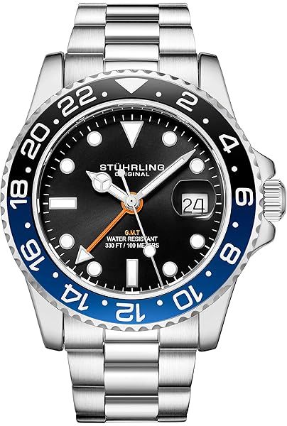 Stuhrling Original Men's Stainless Steel Watch: Dual Time, Date, Triple Row Bracelet & Screw Down Crown