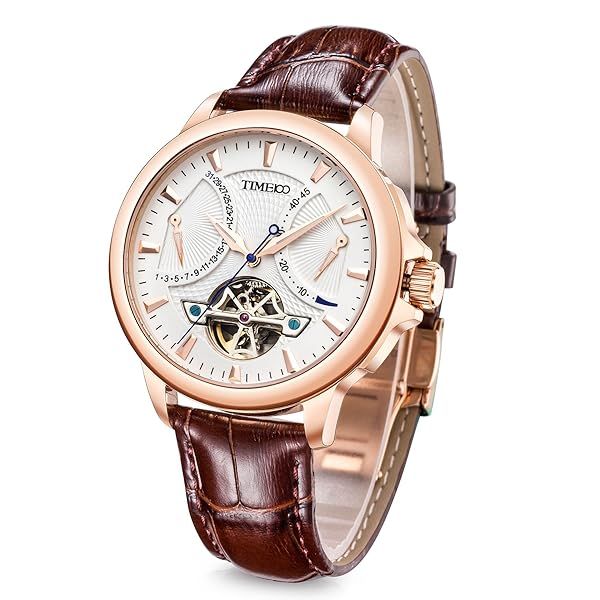 TIME100 Men's Automatic Tourbillon Watch - Dual Time Zone, Leather Strap, Rose Gold - Perfect for Business & Style