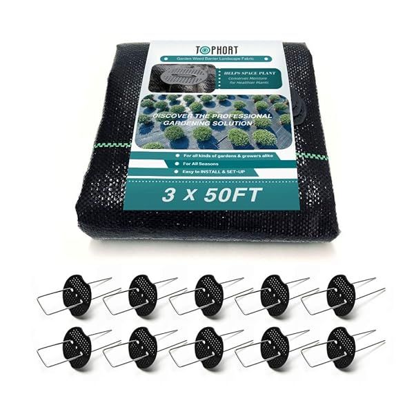TOPHORT Heavy Duty Weed Barrier Fabric - 3x50 Ft Woven Ground Cover with 10 Garden Staples for Effective Weed Control