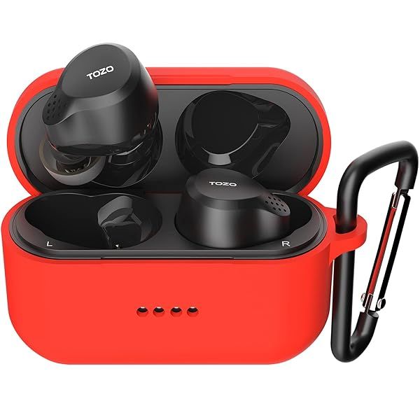 TOZO NC7 Silicone Case: Shockproof Soft Skin Cover with Keychain & Front LED for Earbuds - Red