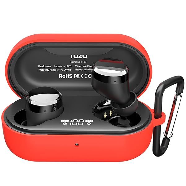 TOZO T12 Silicone Case: Shockproof Soft Skin Cover with Keychain & LED Visibility - Red