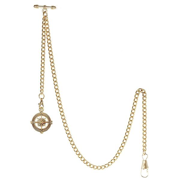 TREEWETO Men's Albert Chain Pocket Watch & Key Chain with Antique Compass Gold Pendant - Stylish T Bar Fob