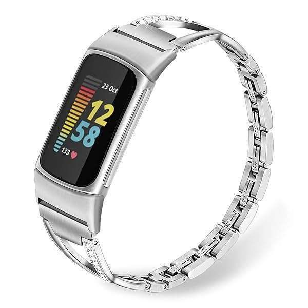 TRUMiRR Stainless Steel & Diamond Band for Fitbit Charge 6/5 - Elegant Women's Jewelry Strap