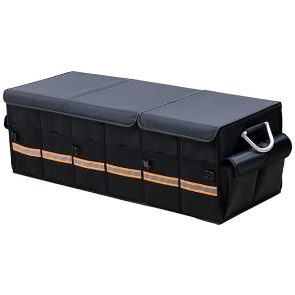 XL Black Tianle Car Trunk Organizer - Collapsible with Lid, Reflective Strip & Aluminium Handle for SUV, Truck & Minivan