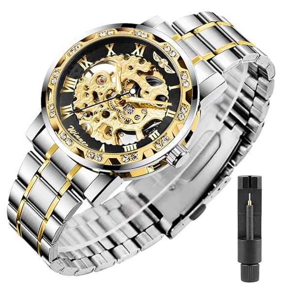 Shop Tiong BOSNI S1089 Gold Black Men's Mechanical Skeleton Watch - Classic Steampunk Style & Stainless Steel Design