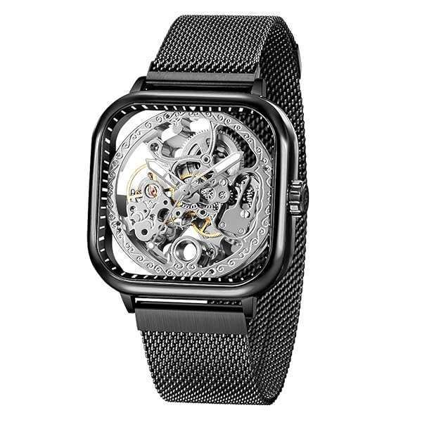 Tiong Retro Men Mechanical Watches Automatic Black Square Case Steampunk Mesh Stainless Steel Strap Dress Watch (GMT1148 Black&White)