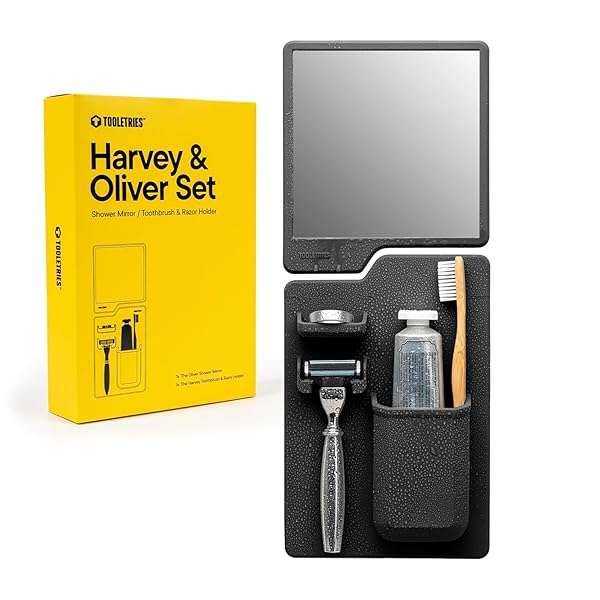 Tooletries Harvey & Oliver Set: Silicone Shower Organizer with Toothbrush & Razor Holder, Anti-Fog Mirror - Charcoal