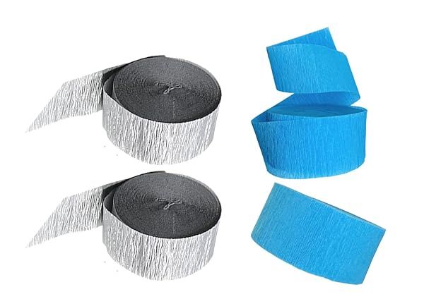 Turquoise & Metallic Silver Crepe Paper Streamers - 4 Rolls Made in USA for Parties & Decor