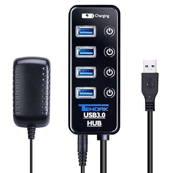Tendak USB 3.0 Hub: 4 Data Ports + 1 Smart Charging Port with Power Supply & Switches for MacBook & HDD