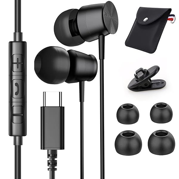 USB C Headphones with Microphone for iPhone 15 Pro & Samsung Galaxy S24 Ultra - In-Ear Stereo Noise Isolation Earbuds