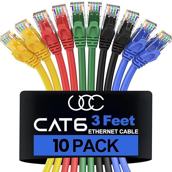 Ultra Clarity Cat 6 Ethernet Cable 3FT (10 Pack) - 10Gbps High Speed RJ45 Network Cord for PS4/5, Xbox, Modem & Router - 5 Colors