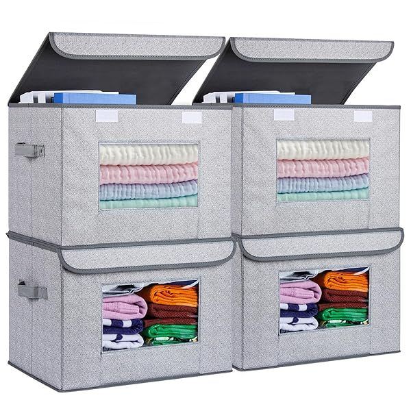 Univivi 4-Pack Fabric Foldable Storage Boxes - Large Stackable Bins with Lids for Home & Office Organization (Gray, 17x12x12)