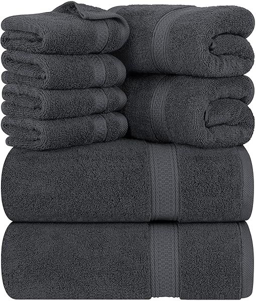 Utopia 8-Piece Premium Towel Set: 100% Cotton, Highly Absorbent Bath, Hand & Wash Towels in Grey - Perfect for Home, Gym & Spa