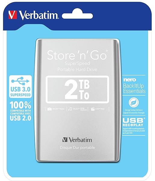 Verbatim 53189 2TB Store 'n' Go USB 3.0 Portable Hard Drive - Fast, Reliable Silver Storage Solution