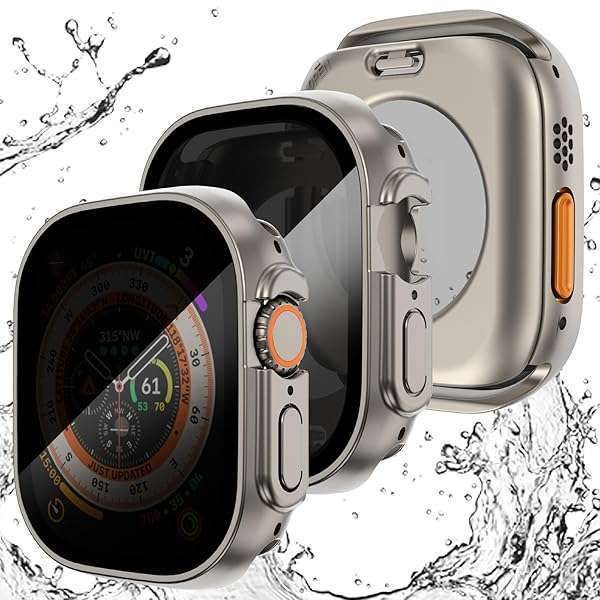 WINGLE 2 Pack Privacy Screen Protector for Apple Watch Ultra 2 - 49mm Waterproof 360 Protection Case & Hard PC Bumper
