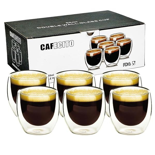 WOAIERNV 2.7oz Double Walled Espresso Cups - Set of 6 Handmade Borosilicate Glasses for Hot & Cold Drinks