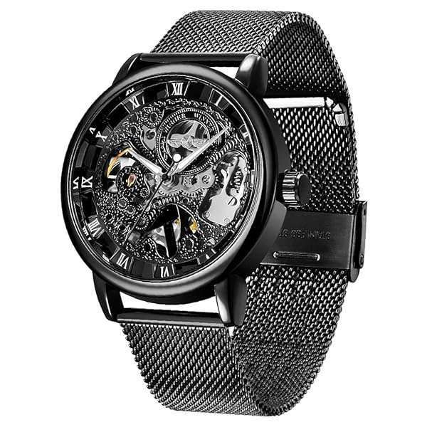 Whodoit Men's Skeleton Watch: Hand-Wind Mechanical, Stainless Steel Mesh Strap Design