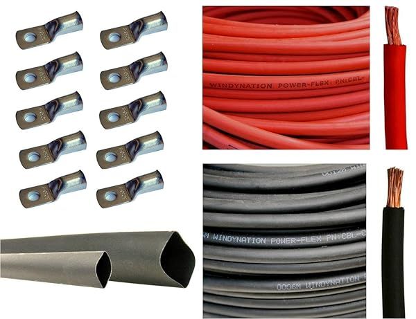 WindyNation 4 AWG Battery Welding Cable Kit: 20ft Black & Red, Copper Lugs & Heat Shrink Tubing Included