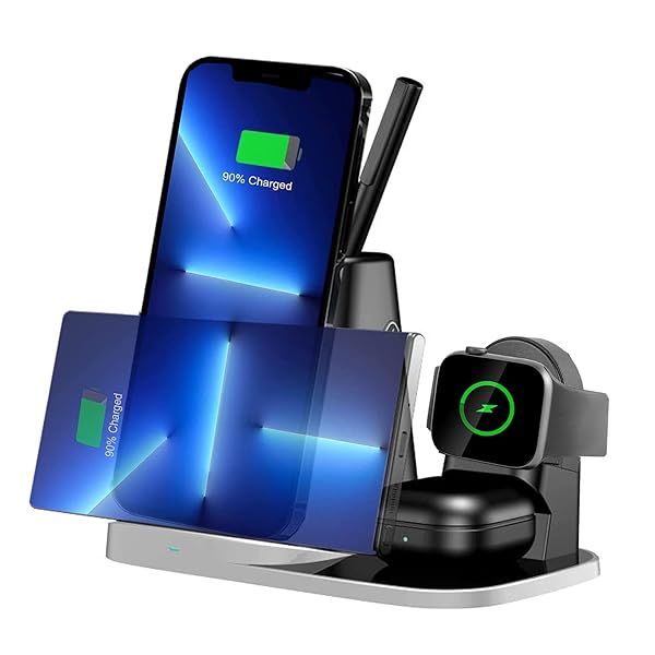 4-in-1 Wireless Charger Stand for Apple Watch, AirPods & iPhone/Samsung - Fast Charging & Pen Holder Included