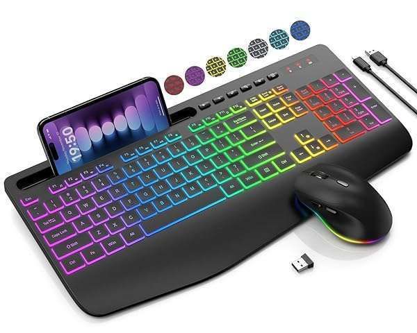 Wireless Keyboard & Mouse Combo with Backlit Effects, Ergonomic Design, and Phone Holder - Rechargeable & Silent for PC, Mac, Laptop