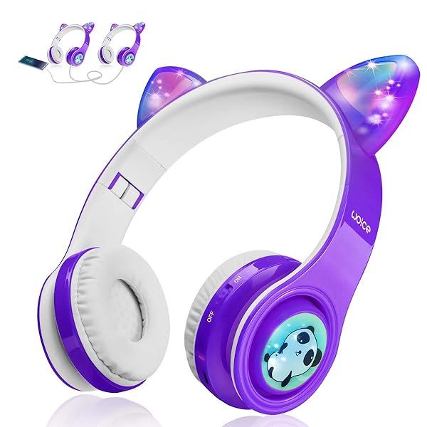 Woice Kids Bluetooth Headphones: LED Lights, Music Sharing, 85dB Volume Limit - Perfect for Boys & Girls (Purple)