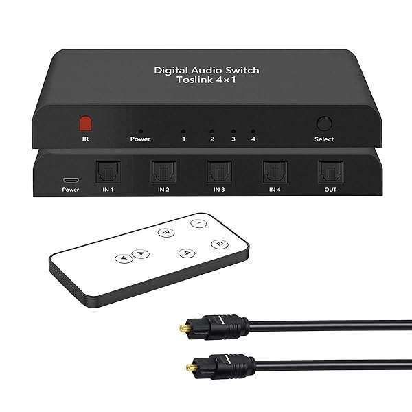 Y.D.F Digital SPDIF/Toslink 4x1 Switch with Remote & Cable for PS5, PS4, Xbox, Blu-Ray - High-Quality Optical Audio Switcher