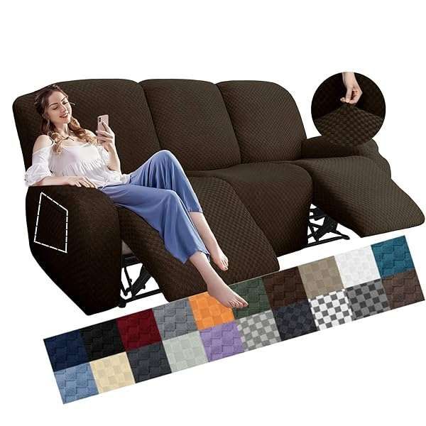 YEMYHOM 8-Piece Stretch Recliner Sofa Cover - Jacquard Anti-Slip Fitted Slipcovers for 3 Cushion Recliners in Dark Coffee