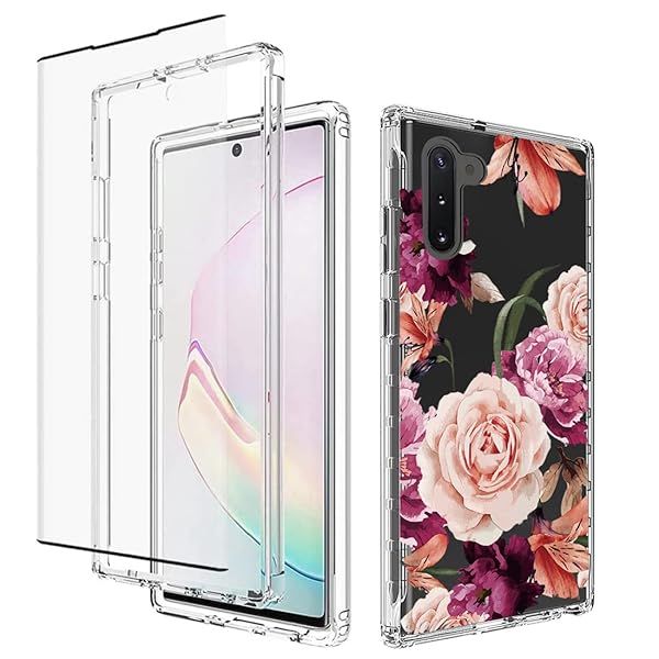 Yerebel Galaxy Note 10 Case with Tempered Glass - Floral Shockproof Bumper Cover (Purple Flower)