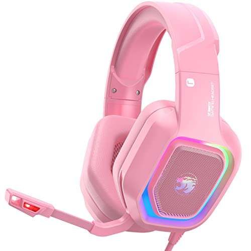 ZIUMIER Z30 Pink Gaming Headset: 7.1 Surround Sound, Noise Canceling, RGB Lights for PS4, PS5, Xbox & PC