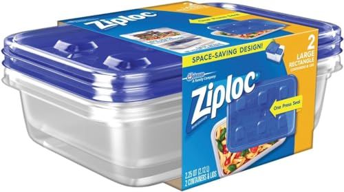 Ziploc Large Rectangle Storage Containers 2 Pack - One Press Seal, 2.25 Quart for Easy Food Storage