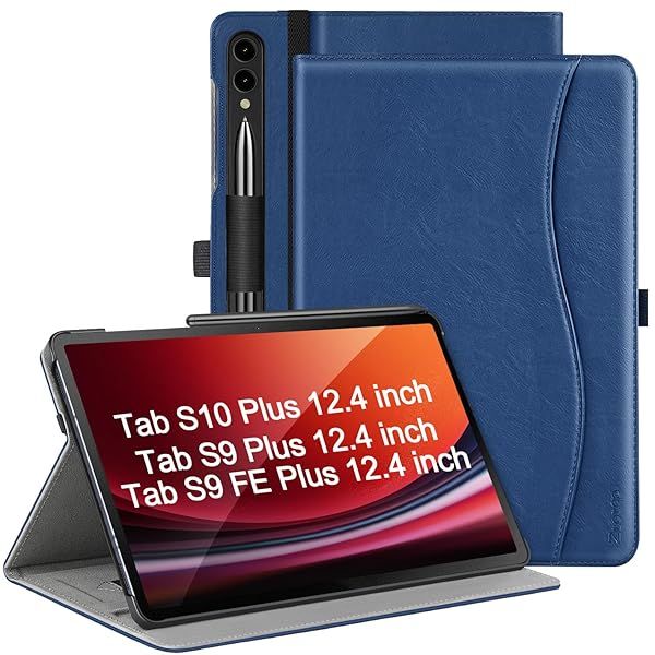 ZtotopCases Premium PU Leather Case for Samsung Galaxy Tab S10+/S9+/S9 FE+ 2024 - Blue with Hand Strap & Front Pocket
