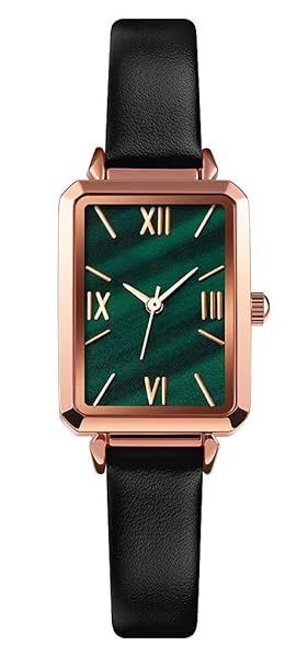 Stylish Carlien Women's Quartz Rectangle Dress Watch with Leather Strap & Sapphire Crown - Small Green