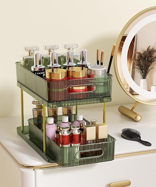 Colorsmoon 2-Tier Makeup & Skincare Organizer - Large Gem Green Perfume Storage with Removable Dividers for Vanity & Bathroom