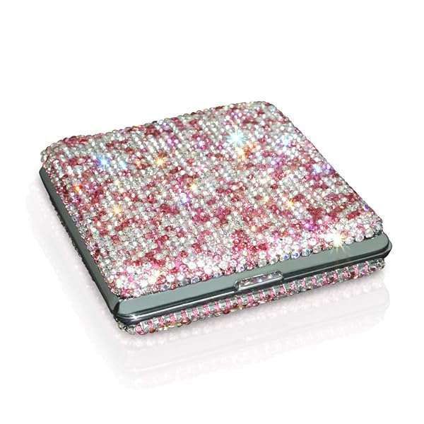Stylish Pink Metal Cigarette Case with Bling Crystals - Double-Sided Pocket Holder for 20 Cigarettes