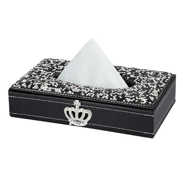 Elegant Rectangle Tissue Box Cover in Black Leather with Bling Crystal Diamonds - Perfect for Car, Office & Home Decor