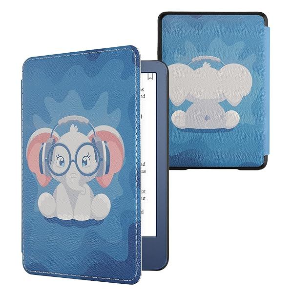 kwmobile Cute Elephant Case for Amazon Kindle (2022/2024) - Light Blue/Dark Blue/Grey eReader Cover