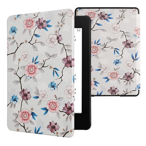KWMobile Kindle Paperwhite 11th Gen Case - Stylish PU Cover with Magnet, Flower Leaf Design in White/Pink/Blue