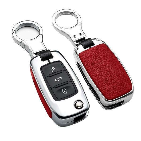 Premium Metal Leather Key Fob Cover for VW Tiguan, Jetta, Golf & More - Red Key Case with Keychain