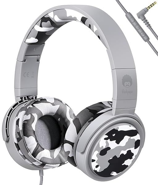 Rockpapa Camo Wired Headphones: Lightweight Stereo Bass with Microphone & 3.5mm Jack for Adults & Kids - Perfect for Laptops & Airplanes