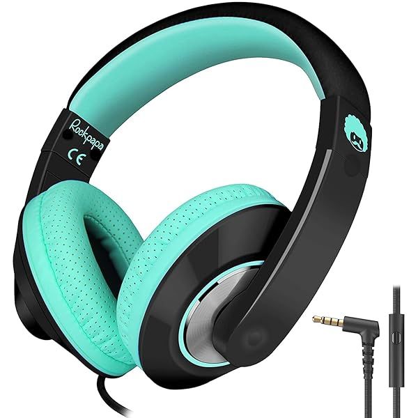 Rockpapa Comfort+ Kids Headphones: Wired Over-Ear with Microphone for School & Home Use - Black Teal for Boys & Girls