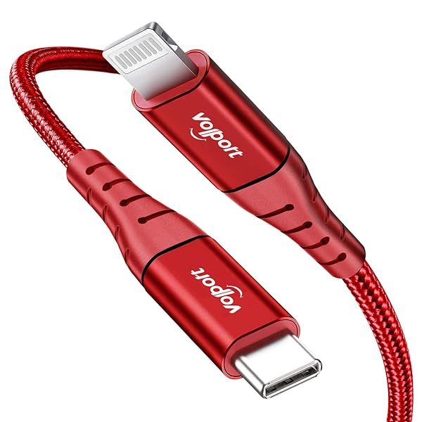 Volport 3ft USB C to Lightning Cable - MFi Certified Fast Charging for iPhone 14/13/12, iPad, Mac & AirPods - Braided Red Design