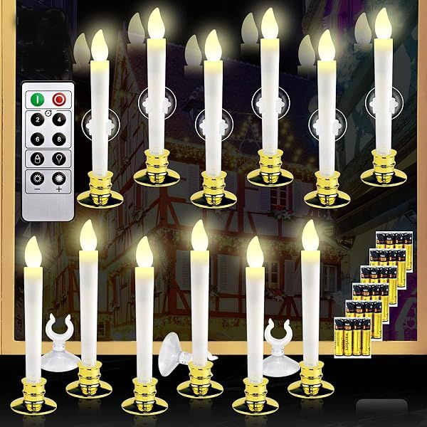 12 Set Battery Operated LED Christmas Window Candles with Timer & Holders - Flameless Holiday Decor