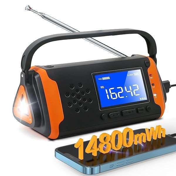 14800mWh NOAA Weather Alert Radio: Hand Crank Solar Portable Emergency Radio with Flashlight & SOS Alarm